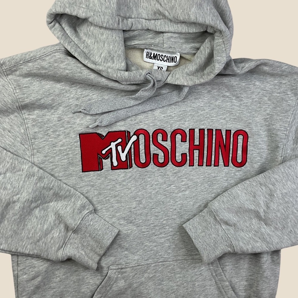 H&M Moschino MTV Hoodie Gray Embroidered Logo Sweatshirt XS 0691335 8